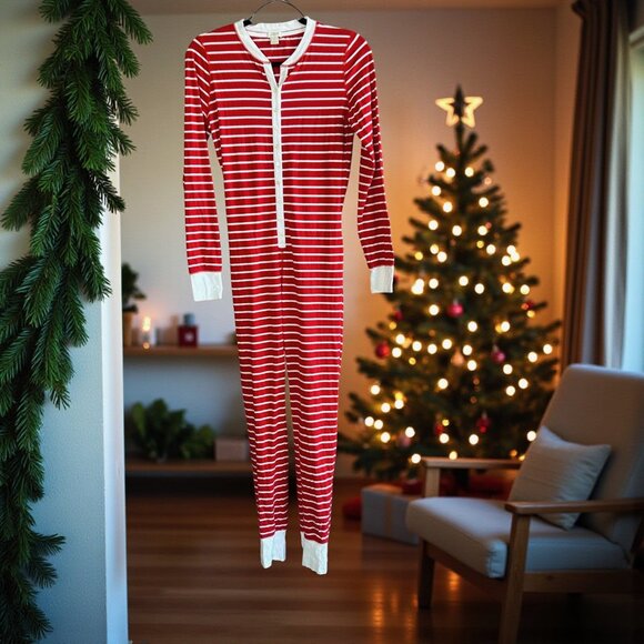 J. Crew Red Striped Union Suit 1 Piece Pajamas Long Johns Size Small - Picture 1 of 10